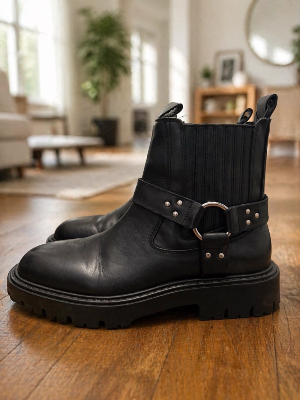 Zara Black Leather Combat Chelsea Boots with Harness Strap